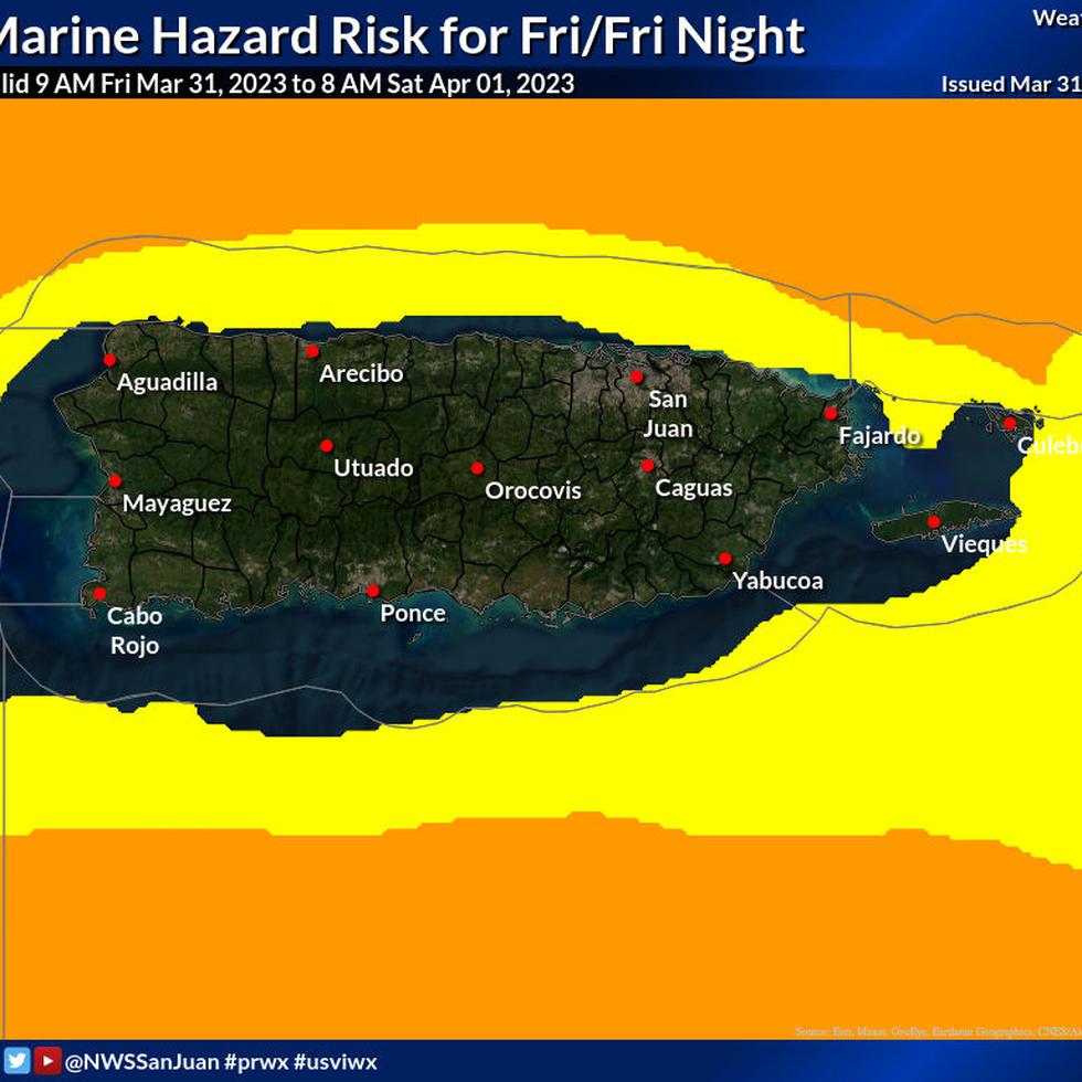 Mapa que muestra los niveles de riesgos por condiciones marítimas peligrosas para este 31 de marzo de 2023. El color amarillo es riesgo limitado y el anaranjado representa el riesgo elevado.
