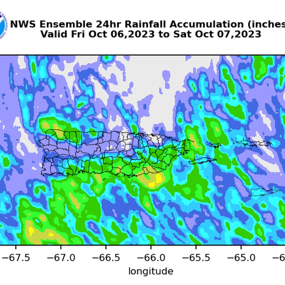 Mapa que muestra la proyección de acumulación de lluvias, según las guías meteorológicas, para el 6 de octubre de 2023, en Puerto Rico.
