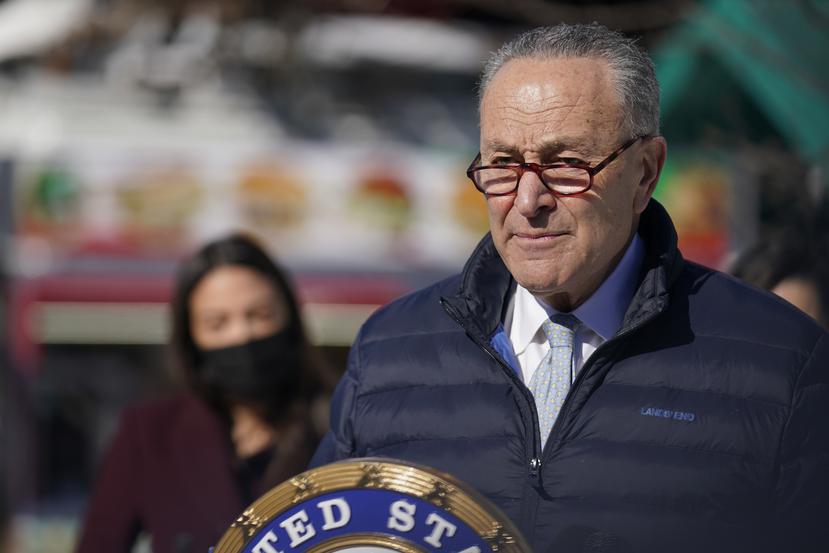 Senator Charles Schumer speaks during a news conference in the Queens borough of New York, Monday, Feb. 8, 2021.
