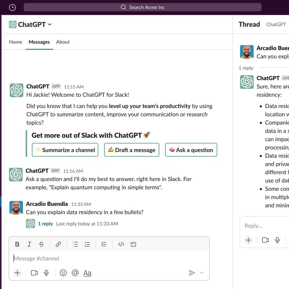 Captura de pantalla cedida hoy por Salesforce donde se aprecia la página de mensajes de la interfaz de Slack, que incorpora el chat GPT de OpenAI.