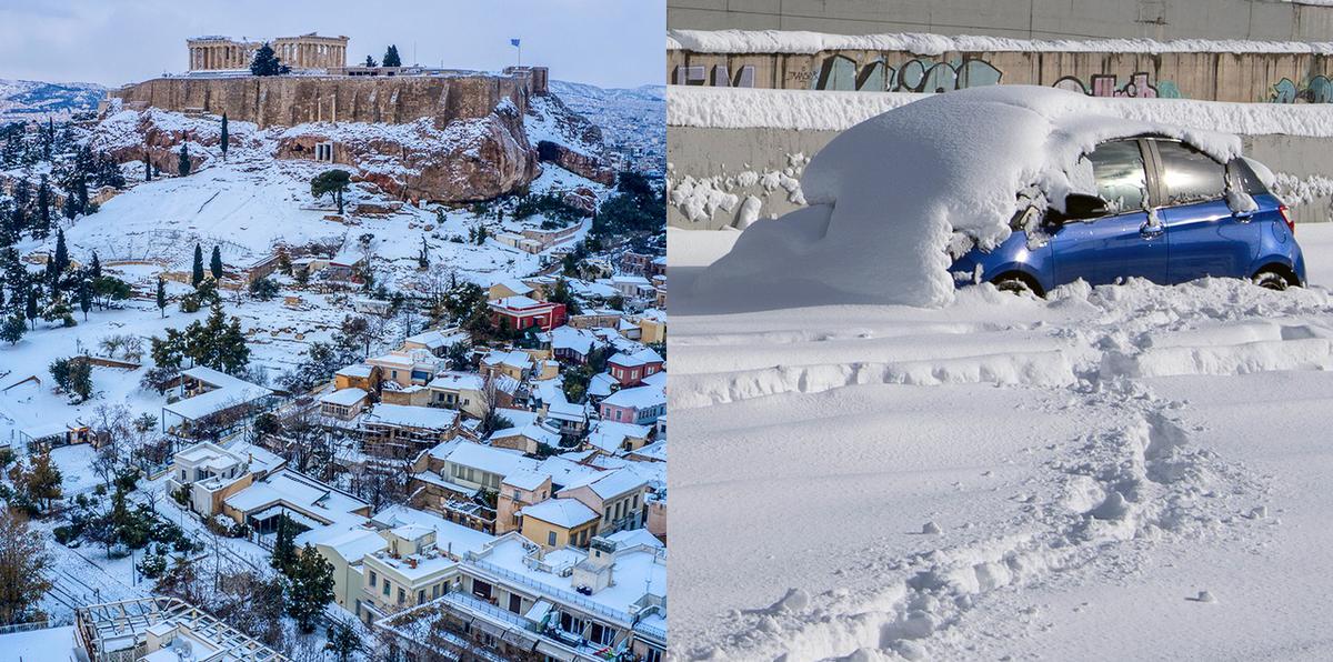 Tormenta de nieve cubre lugares históricos y entierra carros en Grecia