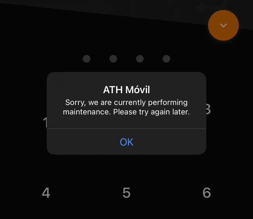 Captura de pantalla que muestra el mensaje error de servicio de ATH Móvil.