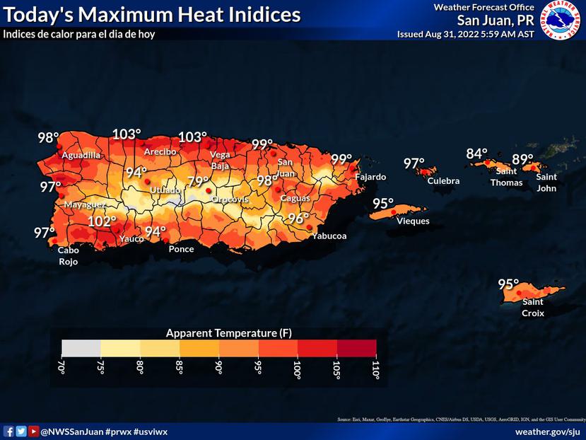 Gráfica que muestra los índices de calor pronosticado para este miércoles, 31 de agosto de 2022, en Puerto Rico.