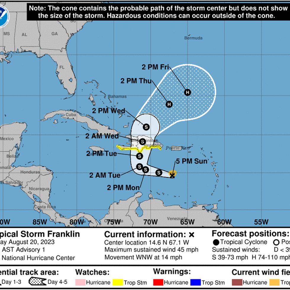 Esta es la ruta preliminar que el Centro Nacional de Huracanes ha trazado para la tormenta tropical Franklin.