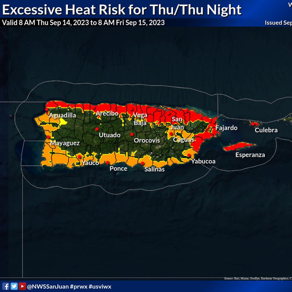 Mapa que muestra los niveles de riesgo por calor para el 14 de septiembre de 2023. El anaranjado es riesgo elevado y el rojo es riesgo significativo.