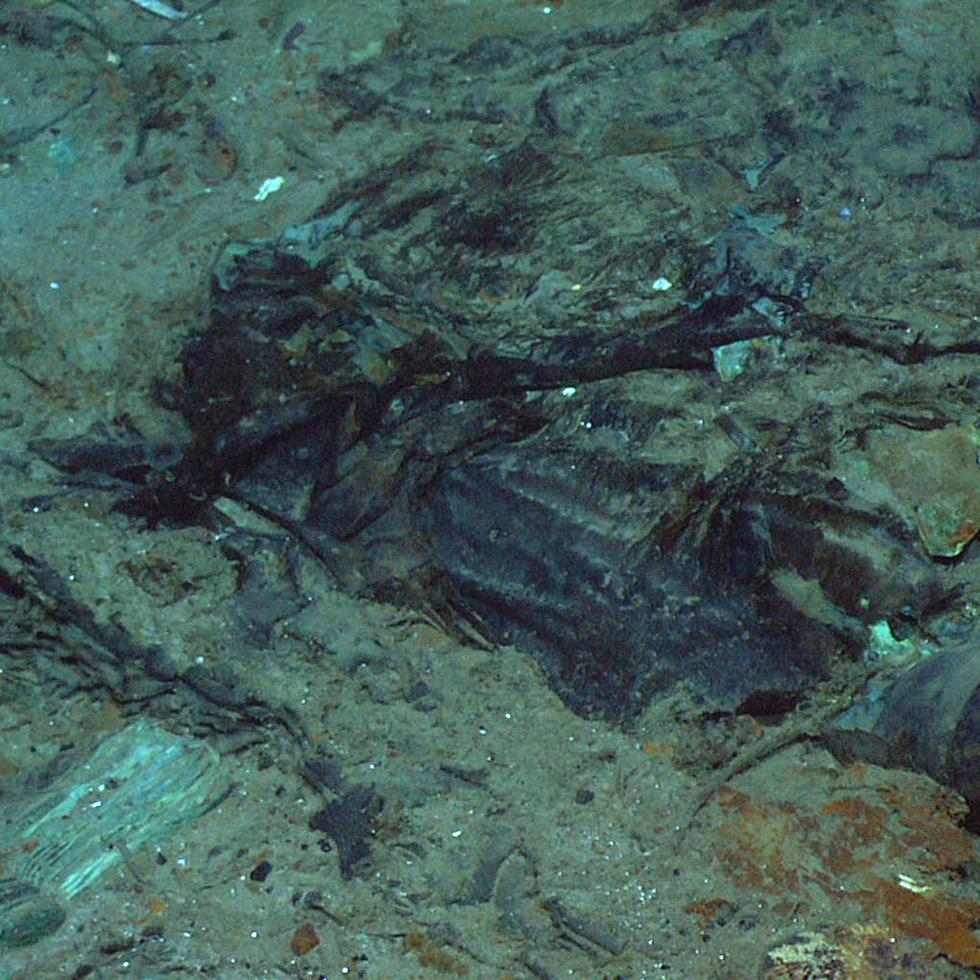 Esta fotografía de 2004 proporcionada por el Institute for Exploration, Center for Archaeological Oceanography/University of Rhode Island/NOAA Office of Ocean Exploration,  muestra los restos de un abrigo y de unas botas en el fondo marino cerca del sitio donde se encuentran los restos del Titanic.