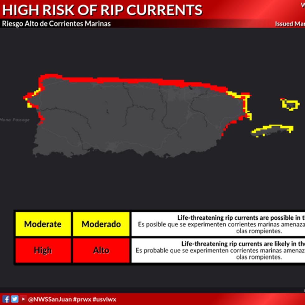 El riesgo alto de corrientes marinas abarcará las playas del norte, noroeste y noreste de Puerto Rico.