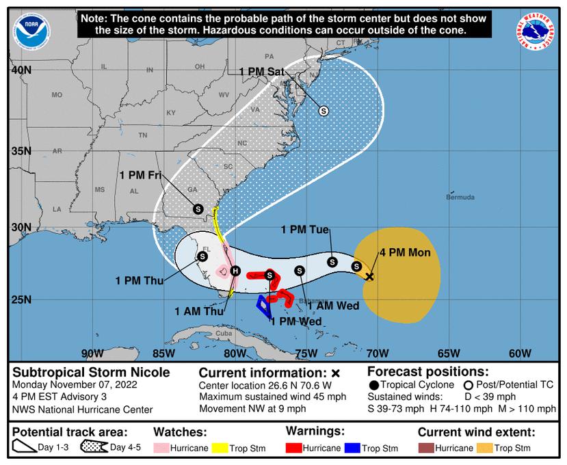 Trayectoria de la tormenta subtropical Nicole por la Florida.